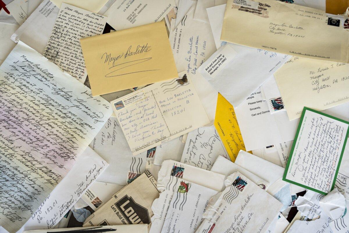 Letters addressed to Lou Barletta at his office in Hazleton, Pa., on May 14, 2024. (Samira Bouaou/The Epoch Times)