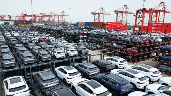 BYD electric cars waiting to be loaded onto a ship are stacked at the international container terminal of Taicang Port at Suzhou Port, in Jiangsu Province, China, on Sept. 11, 2023. (AFP via Getty Images)