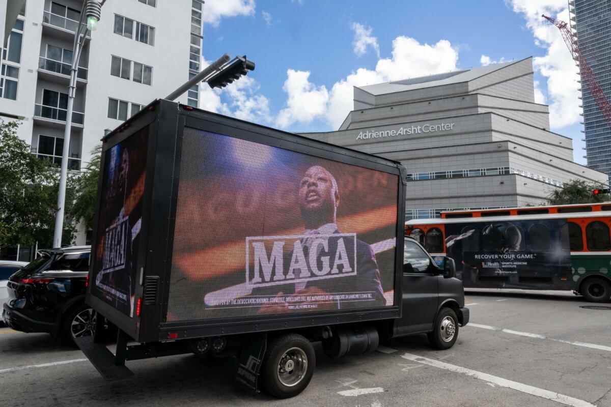 The Democratic National Committee deploys a mobile billboard truck outside the Republican National Committee's debate in Miami, Fla., on Nov. 8, 2023. (Getty Images for the DNC)