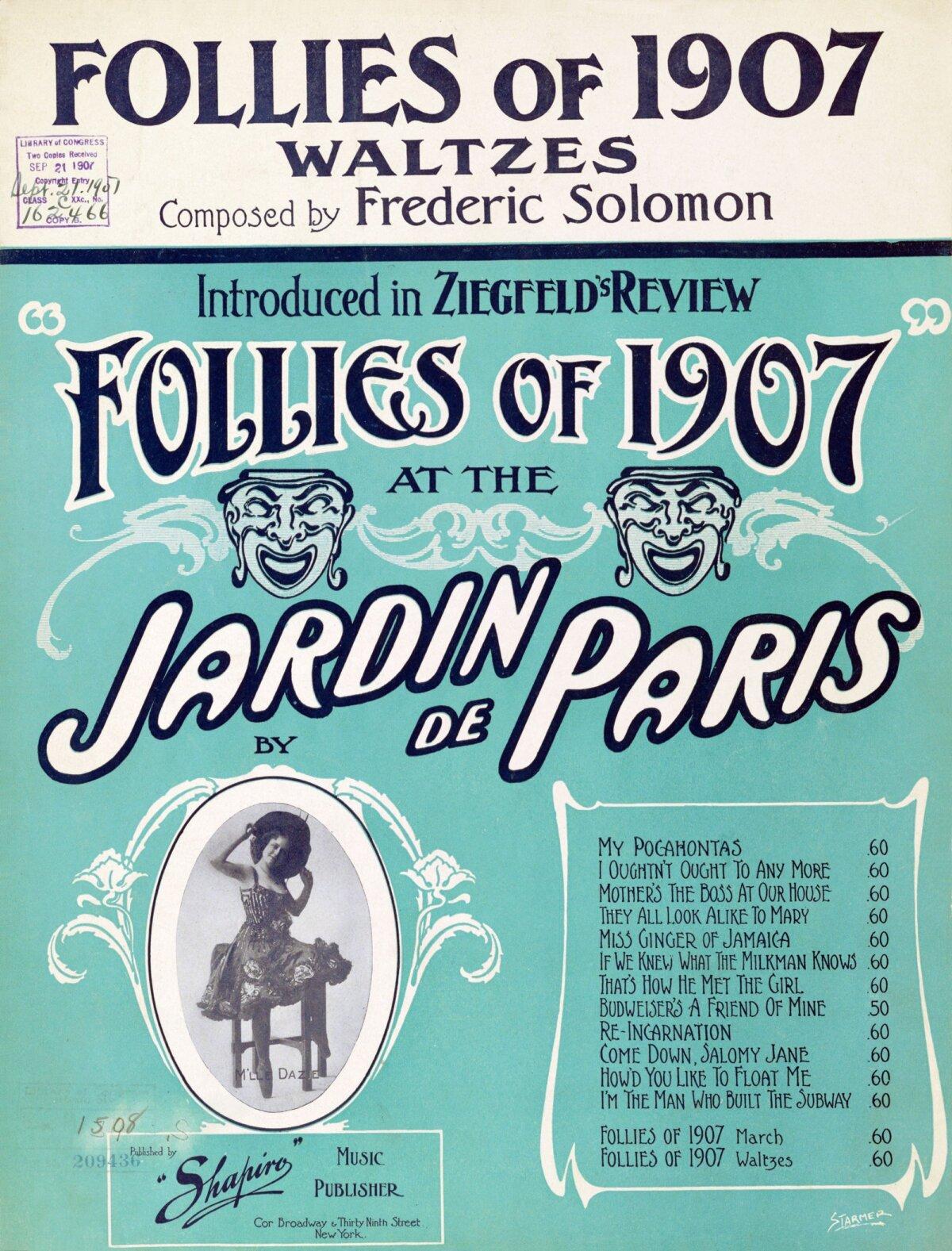 Front cover of sheet music for waltzes from the show "Follies of 1907." (Public Domain)