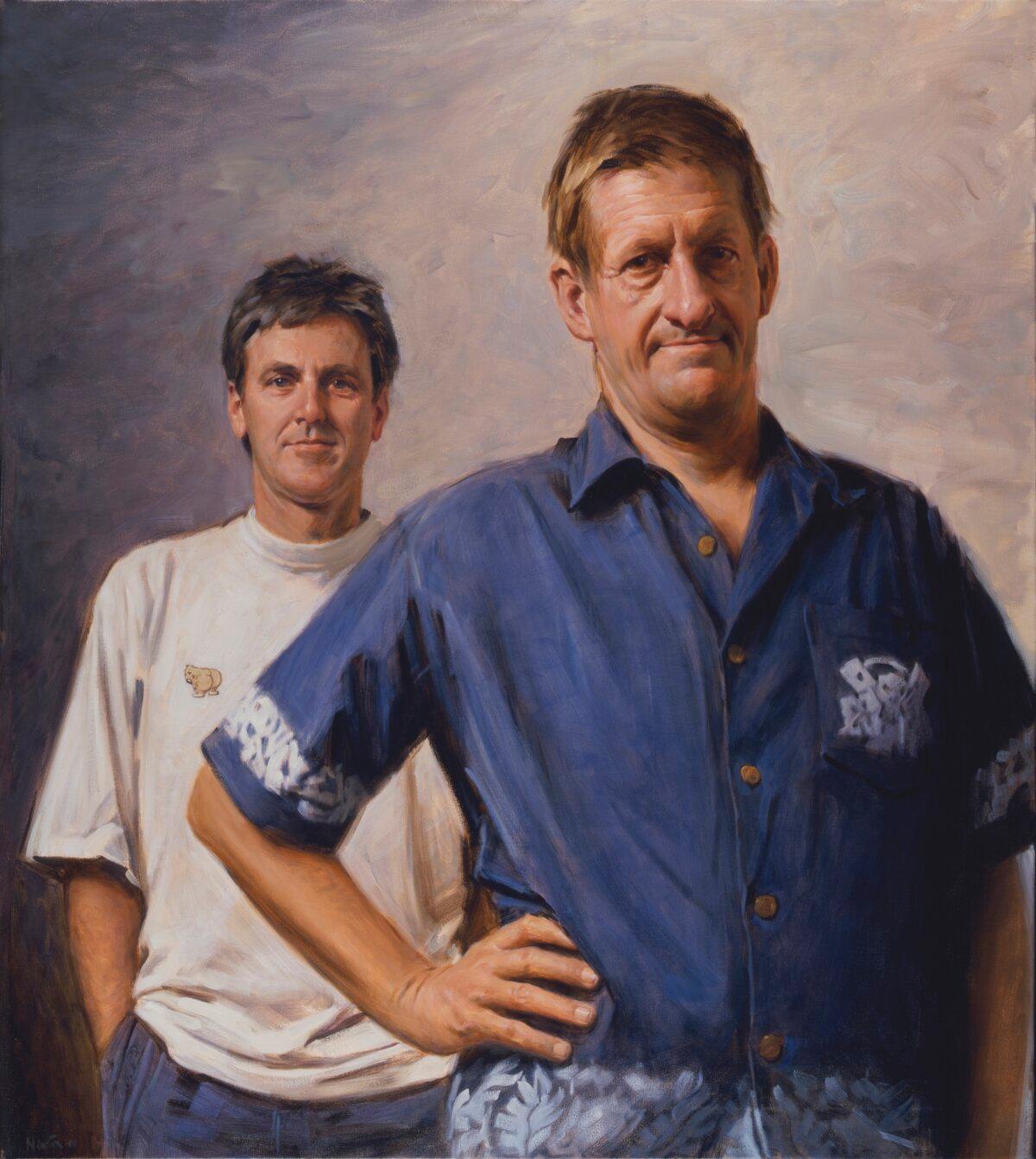 "Roy and H.G. (John Doyle and Greig Pickhaver),” 2001, by Paul Newton. Oil on canvas; 54 1/8 inches by 48 7/8 inches. Archibald Prize 2001, winner of the Packing Room Prize and People’s Choice Award. The men are Australian comedians. (Courtesy of Paul Newton)