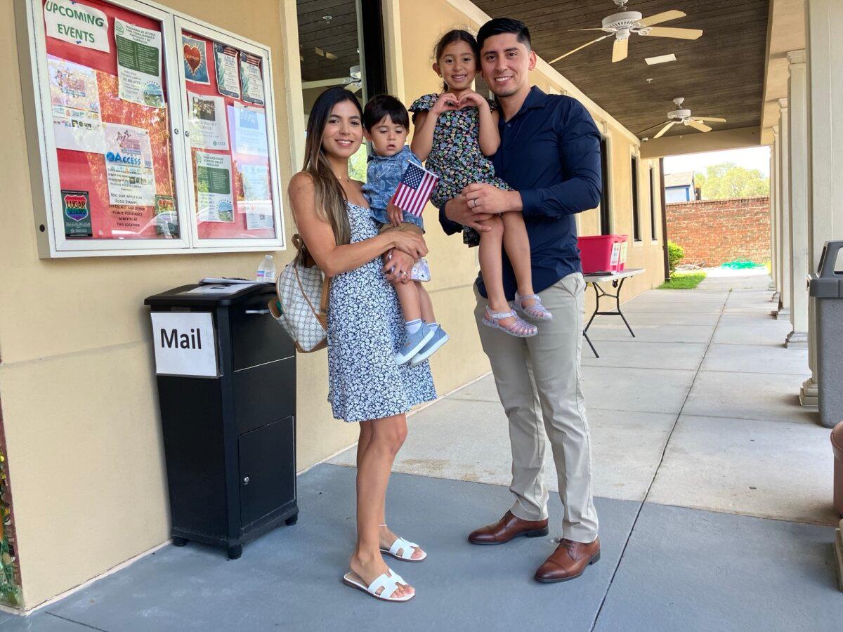 Mathias Cuello, his wife, Jackeline, and their children leave Hope CommUnity Center in Apopka, Florida, after he took the citizen's oath during a naturalization ceremony on July 4, 2024. (Epoch Times/John Haughey)