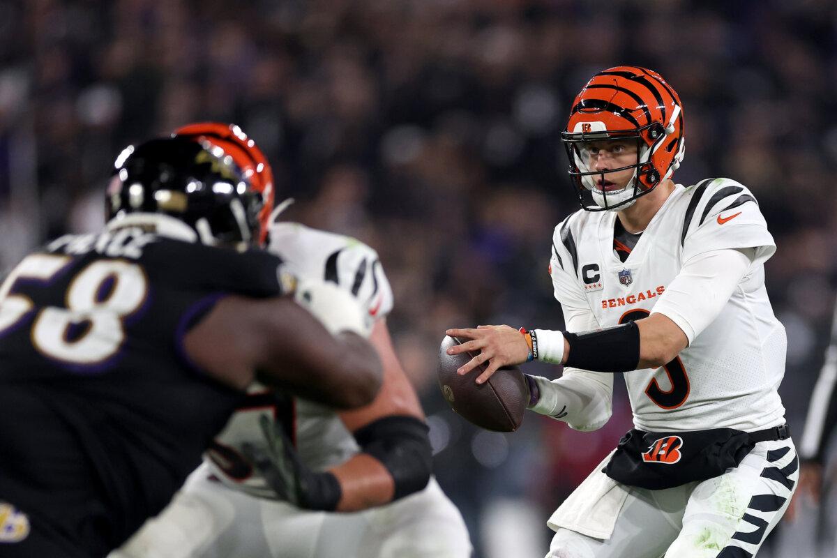 Quarterback Joe Burrow #9 of the Cincinnati Bengals drops back to pass against the Baltimore Ravens game at M&T Bank Stadium in Baltimore, Maryland on November 16, 2023. (Rob Carr/Getty Images)