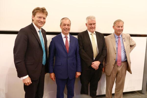 (L to R) Reform UK chairman and MP for Boston, Richard Tice, Reform UK leader and MP for Clacton, Nigel Farage, Reform UK MP for Ashfield, Lee Anderson, and Reform UK MP for Great Yarmouth, Rupert Lowe, at a press conference in Westminster, central London, on July 5, 2024. (Tejas Sandhu/PA Wire)