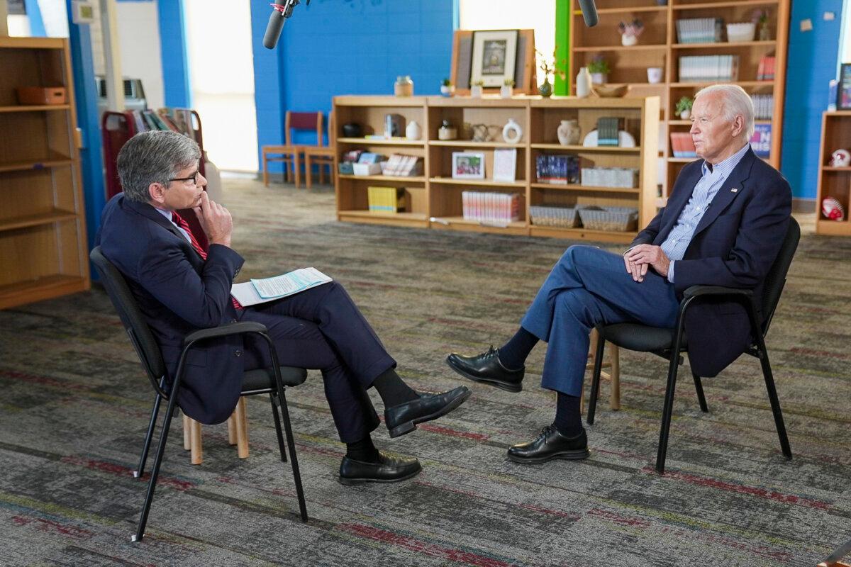 President Joe Biden speaks (R) with "This Week" anchor George Stephanopoulos in Madison, Wis., on July 5, 2024. (ABC via Getty Images)