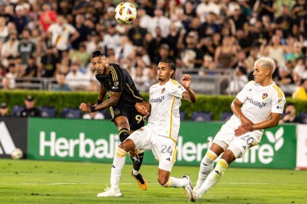 Los Angeles FC forward Denis Bouanga (99) takes a shot against the LA Galaxy at the Rose Bowl in Pasadena, Calif., on July 4, 2024. (Courtesy of LAFC via The Epoch Times)