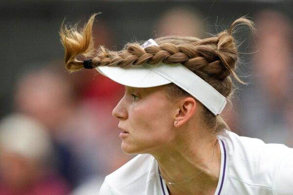 Elena Rybakina serves during her fourth-round Wimbledon match against Anna Kalinskaya in London on July 8, 2024. (Kirsty Wigglesworth/AP Photo)