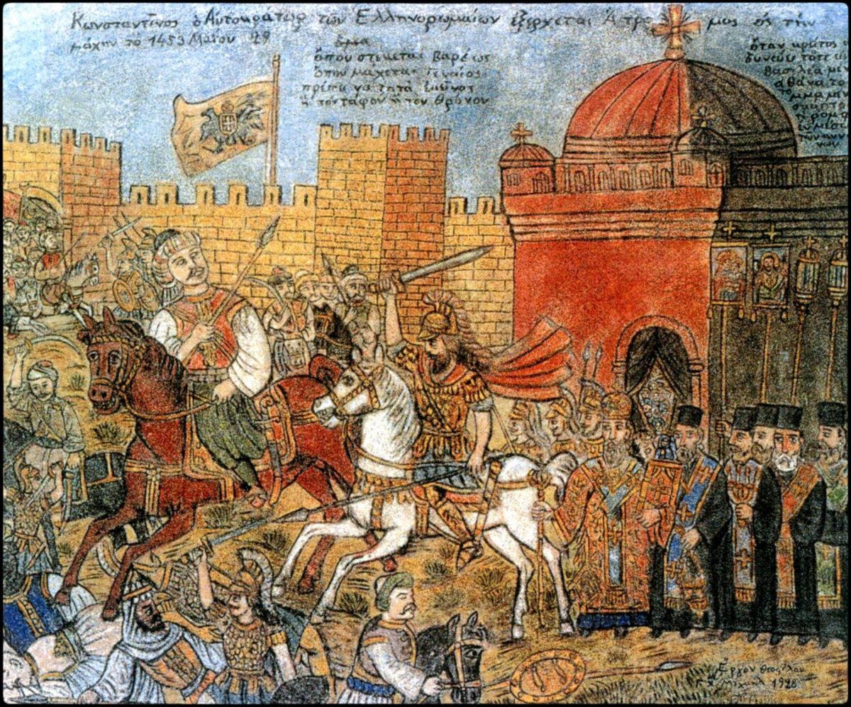 Constantine the Emperor of the Greco-Romans goes fearless into the battle on May 29, 1493. Mural, 1928, by Theophilos Hatzimihail. (Public Domain)