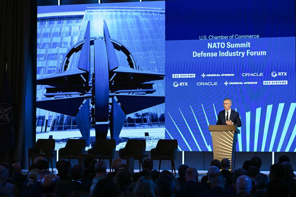 NATO Secretary General Jens Stoltenberg addresses the US Chamber of Commerce in Washington on July 9, 2024. (DREW ANGERER/AFP via Getty Images)