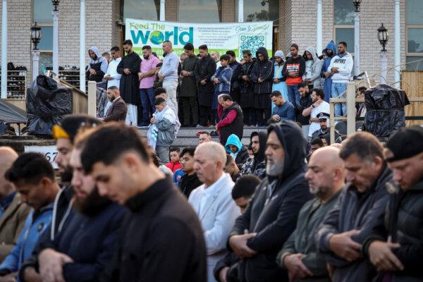 Worshippers participate in Eid al-Fitr prayers, marking the end of the holy month of Ramadan, outside the Lakemba Mosque in Sydney on April 10, 2024. (Photo by DAVID GRAY / AFP) (Photo by DAVID GRAY/AFP via Getty Images)