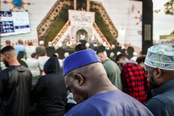 Worshippers participate in Eid al-Fitr prayers, marking the end of the holy month of Ramadan, outside the Lakemba Mosque in Sydney on April 10, 2024. (Photo by DAVID GRAY/AFP via Getty Images)