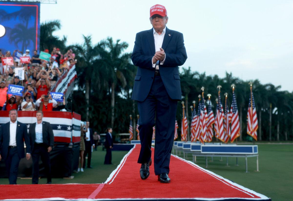 Former President Donald Trump arrives for his campaign rally at the Trump National Doral Golf Club in Doral, Fla., on July 9, 2024. (Joe Raedle/Getty Images)