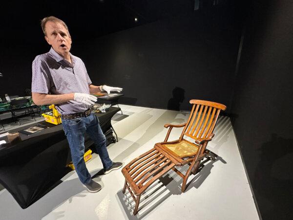 "Titanic: An Immersive Journey" arrives at Exhibition Hub in Doraville starting July 19. John Zaller, the executive producer, gave The Atlanta Journal-Constitution a sneak peak at some of the artifacts that will be displayed including a deck chair from the Titanic that was recovered from the ocean and did not sink in 1912. (Rodney Ho/The Atlanta Journal-Constitution/TNS)