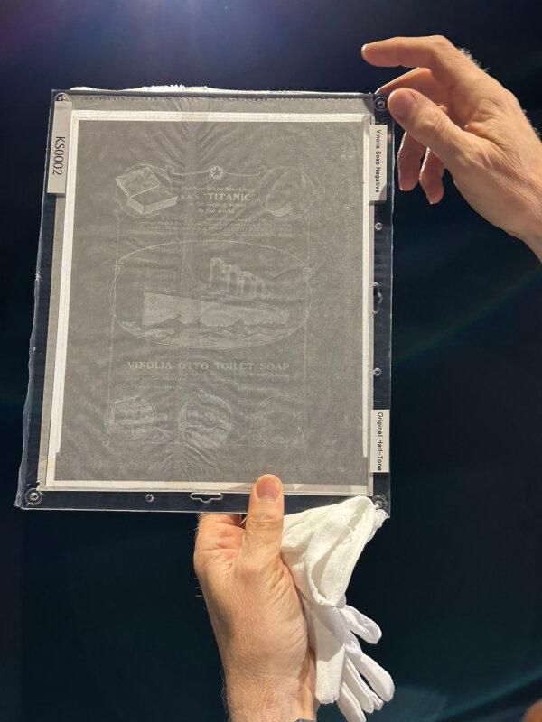 An original negative for use in print ads for Vinolia soap, which was provided to Titanic first-class passengers. It will be used in the upcoming "Titanic: An Immersive Journey" at Exhibition Hub in Doraville starting July 19, 2024. (Rodney Ho/The Atlanta Journal-Constitution/TNS)