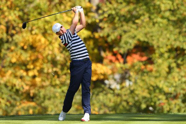Keegan Bradley of the USA hits his tee shot on the fifth hole during the Singles Matches for The 39th Ryder Cup at Medinah Country Club in Medinah, Illinois., on September 30, 2012. (Mike Ehrmann/Getty Images)