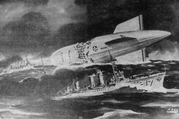 An "artist's conception" of the USS Macon crash into the ocean, as distributed by the Associated Press to newspapers for publication, in 1935. (Public Domain)