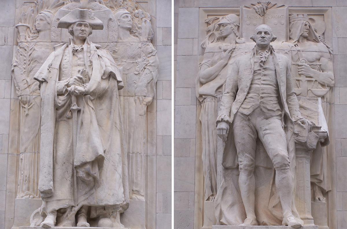 (L) "George Washington as Commander-in-Chief, Accompanied by Fame and Valor," 1916, by Hermon A. MacNeil. (R) "George Washington as President, Accompanied by Wisdom and Justice," 1918, by Alexander Stirling Calder. (Kenneth Summers/Shutterstock)