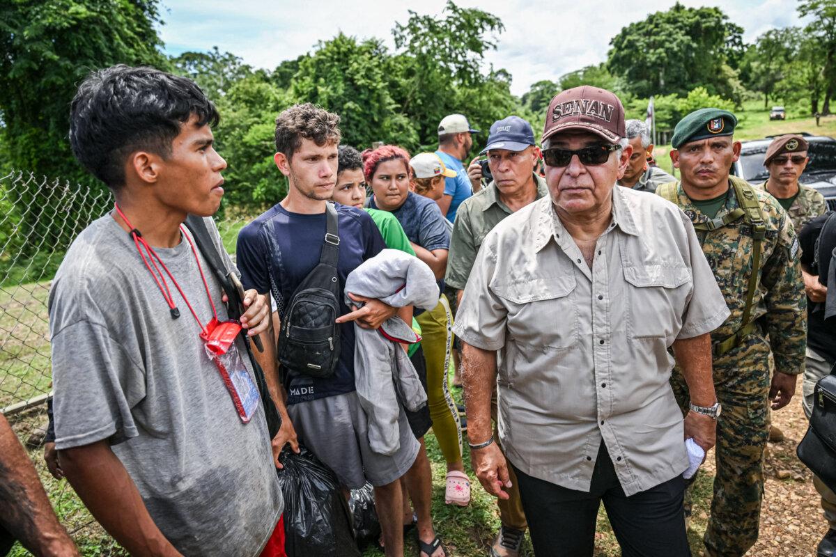 Panamanian President-elect José Raúl Mulino visits the Reception Center for Migrant Care in Lajas Blancas, in the jungle province of Darién, Panama, on June 28, 2024. (Martin Bernetti/AFP via Getty Images)
