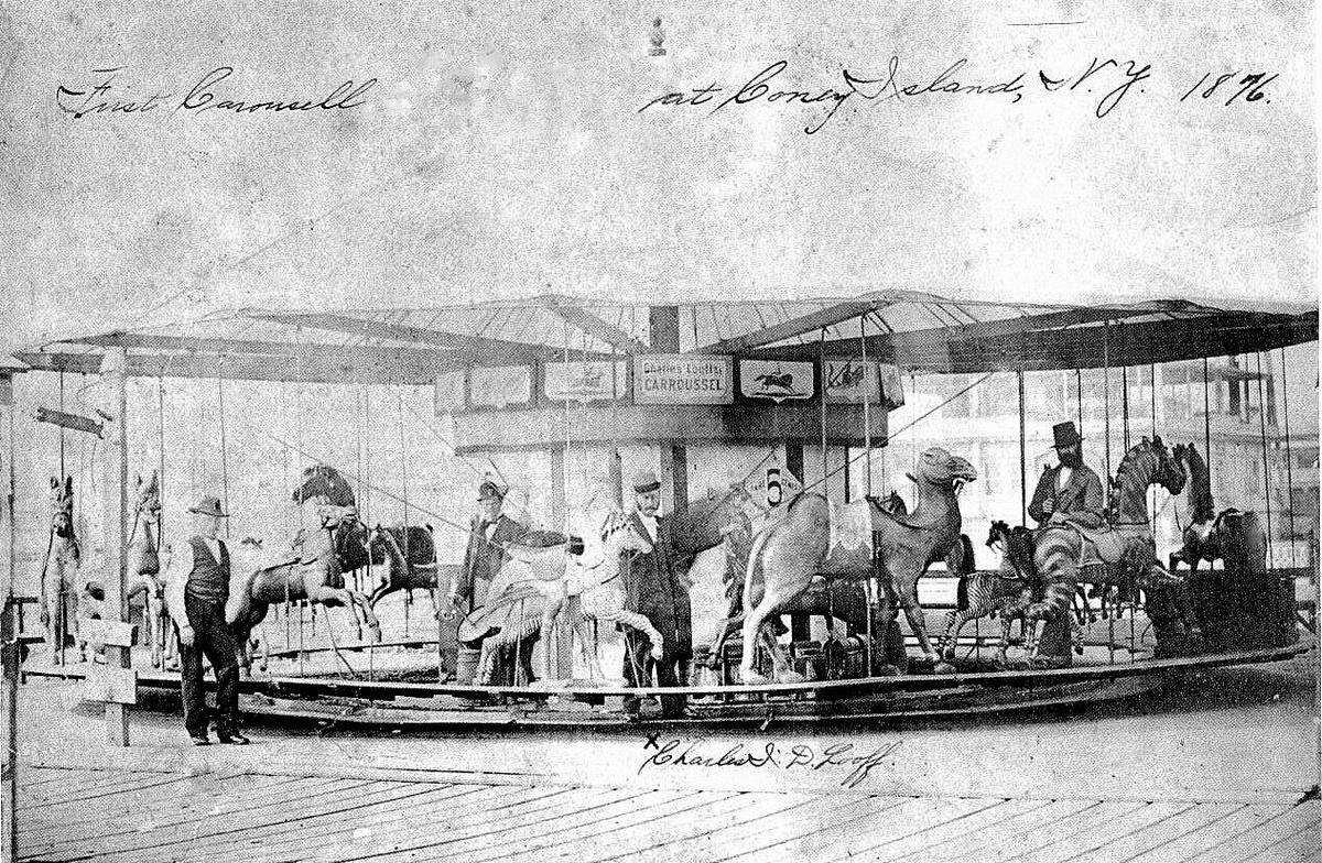 The first carousel Looff ever built was installed at Mrs. Vanderveer's Bathing Pavilion on Coney Island, N.Y., in 1876. (Public Domain)