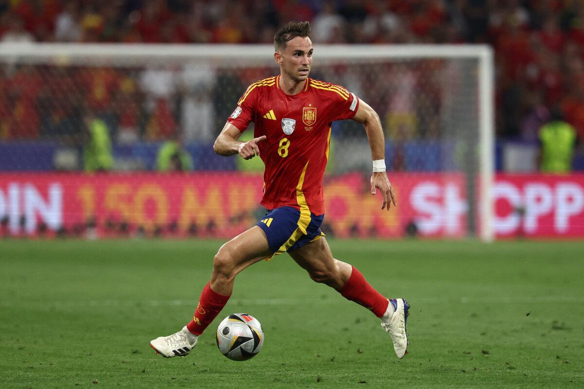 Spain's midfielder #08 Fabian Ruiz controls the ball during the UEFA Euro 2024 semi-final football match between Spain and France at the Munich Football Arena in Munich on July 9, 2024. (Franck Fife/AFP via Getty Images)