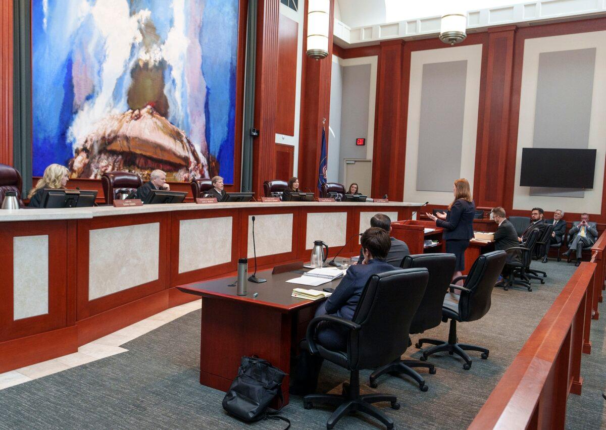 An attorney presents an argument for the state in a case challenging the state's congressional districts before the Utah Supreme Court, in Salt Lake City, on July 11, 2023. (Leah Hogsten/The Salt Lake Tribune via AP)