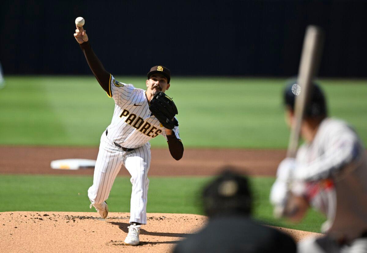 Dylan Cease (84) of the San Diego Padres pitches during the first inning of a baseball game against the Atlanta Braves in San Diego on July 13, 2024. (Denis Poroy/Getty Images)