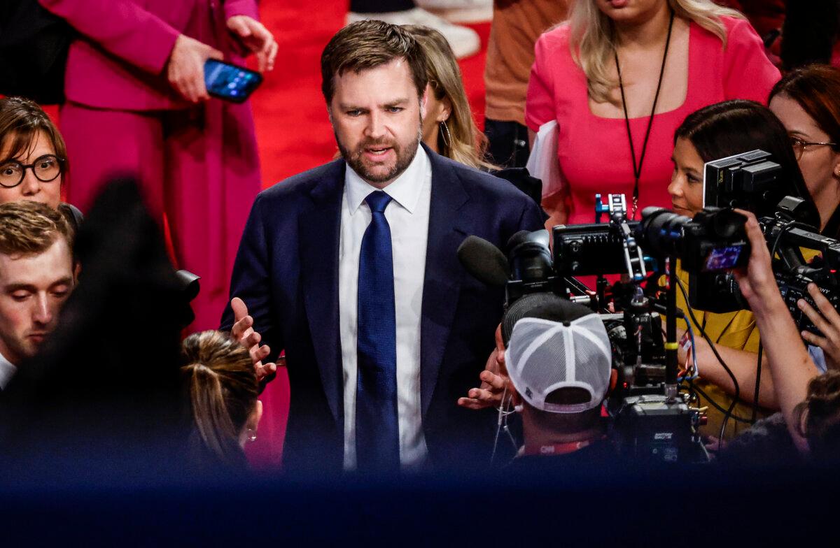 Trump Selects JD Vance as Running Mate | USNN World News Sen. J.D. Vance (R-Ohio) speaks to reporters in the spin room following the CNN Presidential Debate in Atlanta, Ga., on June 27, 2024. (Kevin Dietsch/Getty Images)