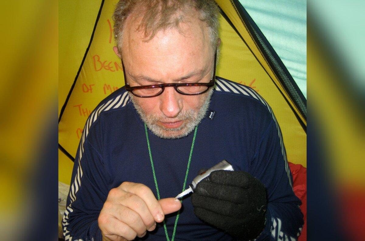 The High Arctic has practically zero precipitation and zero humidity. In such dryness, the skin on Raymond Aaron's thumb cracked open. The correct procedure is gluing the skin together with Krazy Glue. (Courtesy of Raymond Aaron)