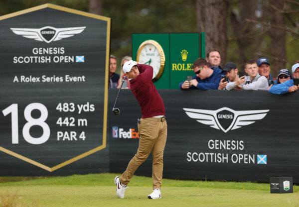 Rory McIlroy of Northern Ireland tees off on the 18th hole on day four of the Genesis Scottish Open at The Renaissance Club in North Berwick, Scotland, on July 14, 2024. (Andrew Redington/Getty Images)