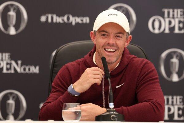 Rory McIlroy of Northern Ireland talks to the media during a press conference prior to The 152nd Open championship at Royal Troon in Troon, Scotland, on July 16, 2024. (Harry How/Getty Images)