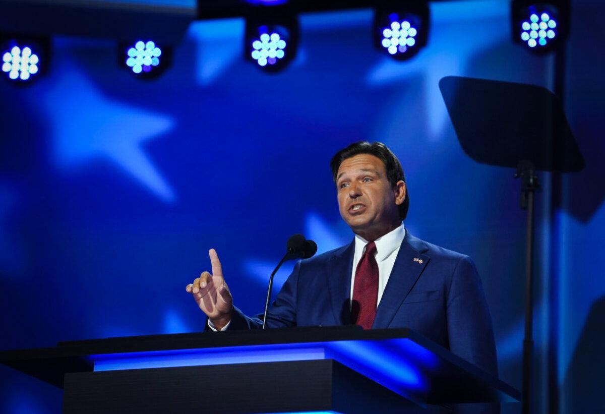 Ron Desantis speaks at the RNC in Milwaukee, Wis., on July 16, 2024. (Madalina Vasiliu/The Epoch Times)