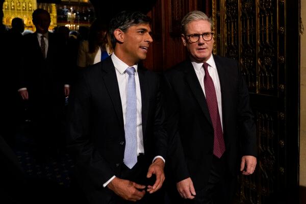 Prime Minister Sir Keir Starmer (right) and former Prime Minister Rishi Sunak (left) during the State Opening of Parliament in the House of Lords at the Palace of Westminster in London on July 17, 2024. (Alberto Pezzali/PA Wire)