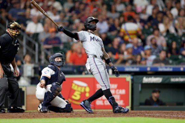 Jazz Chisholm Jr. of the Miami Marlins, who is considered a potential upgrade for the Yankees’ middle infield, hits a home run in the fifth inning against the Houston Astros at Minute Maid Park in Houston, Texas, on July 11, 2024. (Tim Warner/Getty Images)