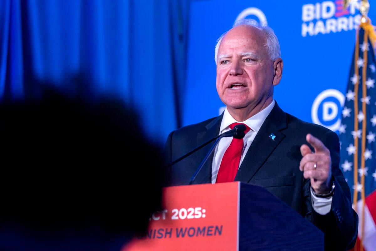 Minnesota Gov. Tim Walz speaks at a Biden-Harris campaign and DNC press conference in Milwaukee, Wis., on July 17, 2024. (Jim Vondruska/Getty Images)