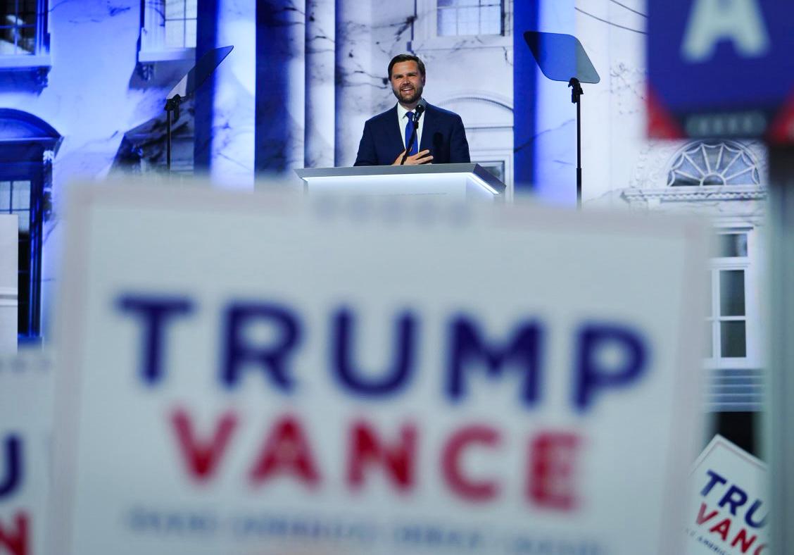 Vice Presidential nominee Sen. JD Vance (R-Ohio) speaks during the Republican National Convention (RNC) in Milwaukee, Wis., on July 17, 2024. (Madalina Vasiliu/The Epoch Times)