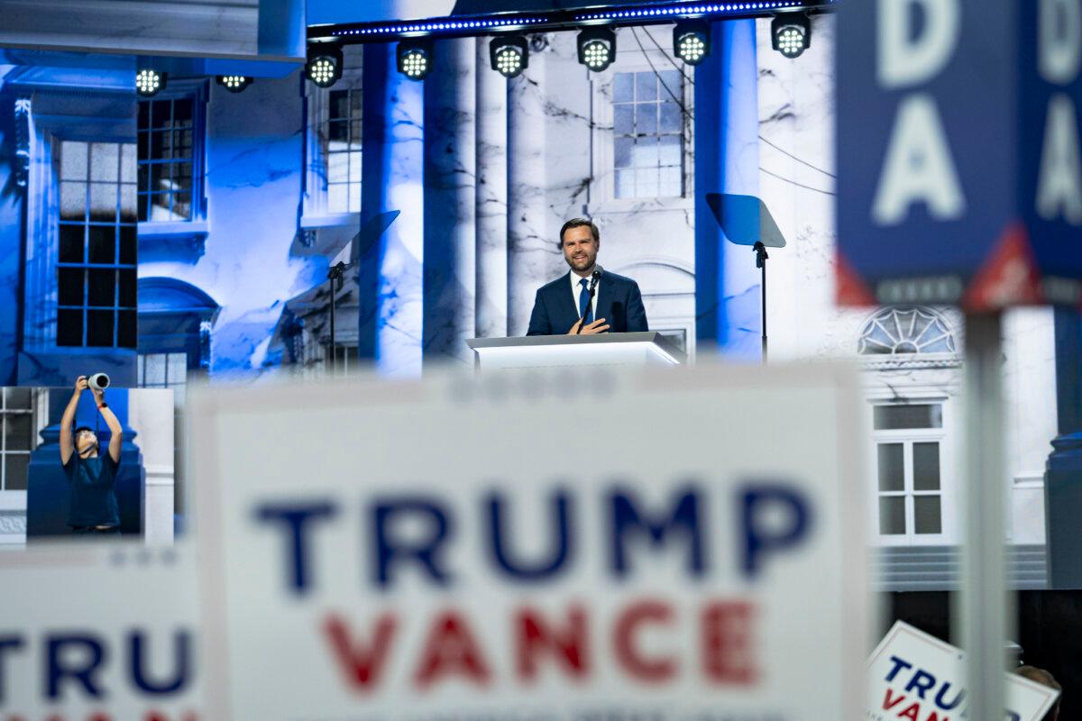 Vice Presidential nominee Sen. JD Vance (R-Ohio) speaks during the Republican National Convention (RNC) in Milwaukee, Wis., on July 17, 2024. (Madalina Vasiliu/The Epoch Times)