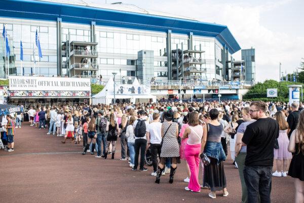 Taylor Swift fans gather prior to the pop singer's concert in front of the Veltins Arena in Gelsenkirchen, Germany, on July 17, 2024. (Hesham Elsherif/Getty Images)