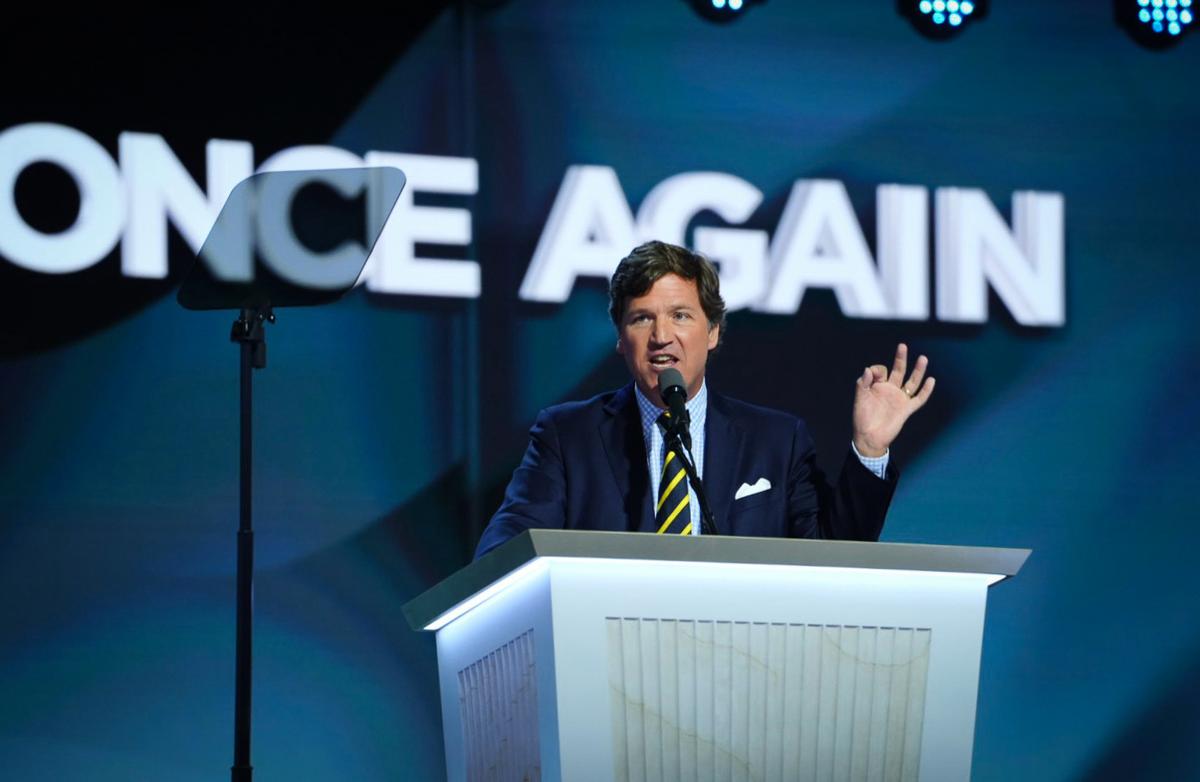 Tucker Carlson, founder of Tucker Carlson Network, speaks on the last day of the RNC in Milwaukee, Wis., on July 18, 2024. (Madalina Vasiliu/The Epoch Times)