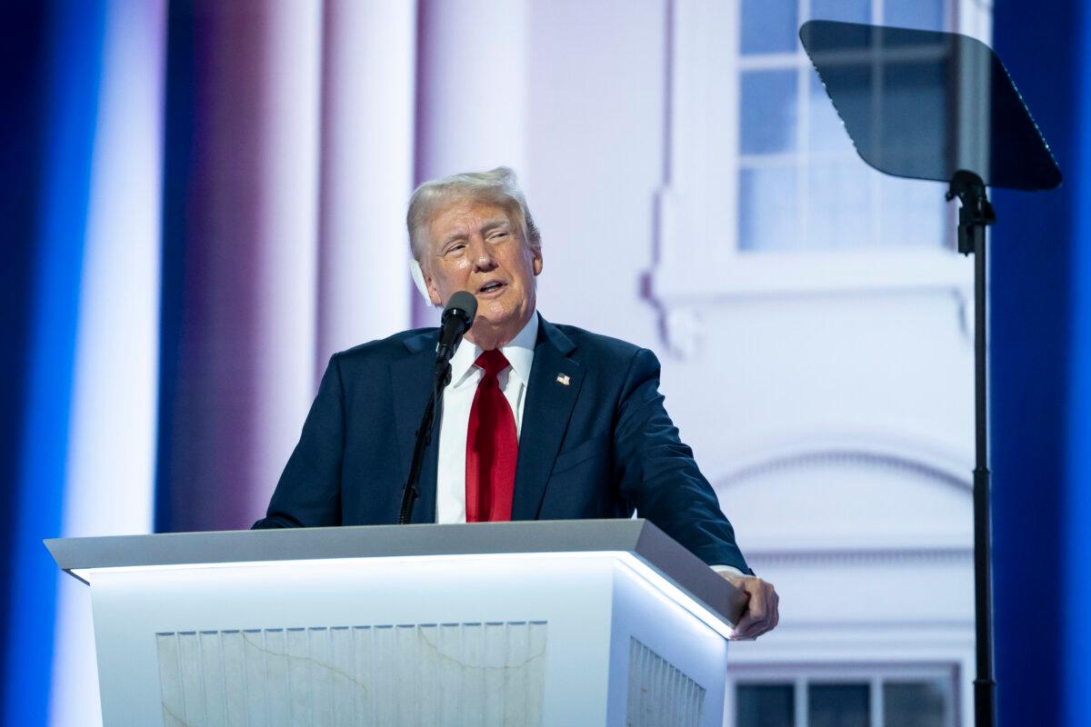 Former president Donald J. Trump speaks during the last day of the RNC in Milwaukee, Wis., on July 18, 2024. (Madalina Vasiliu/The Epoch Times)