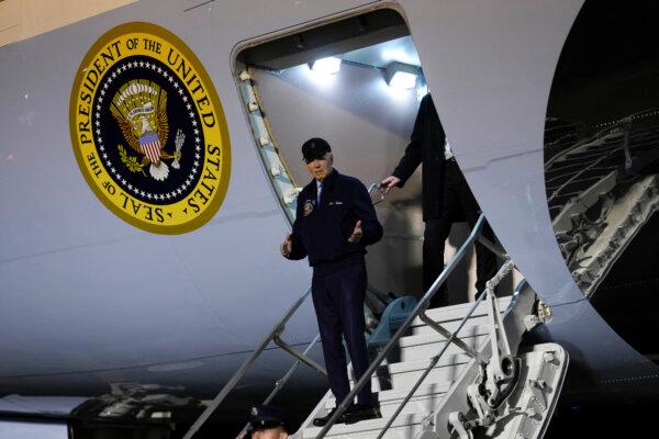 President Joe Biden steps off Air Force One upon arrival at Dover Air Force Base in Dover, Del., on July 17, 2024. (Kent Nishimura/AFP via Getty Images)