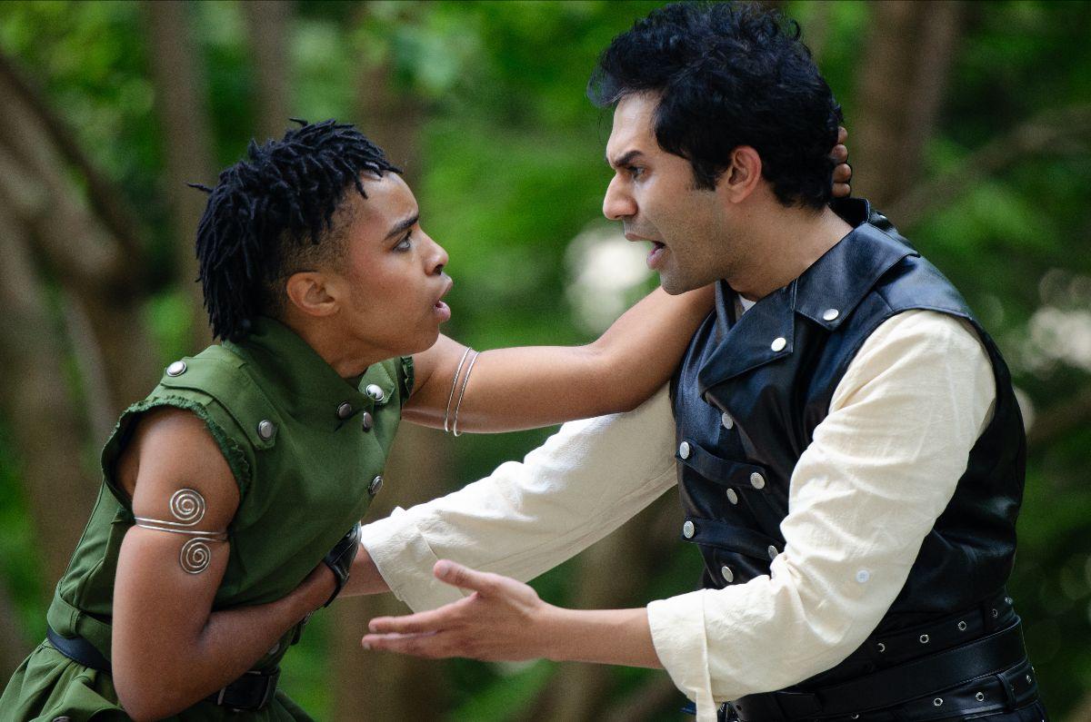 Mercutio (Haven A. J. Crawley, L) in a heated discussion with Romeo (Faiz Siddique), in "Romeo and Juliet." (Tom McGrath)