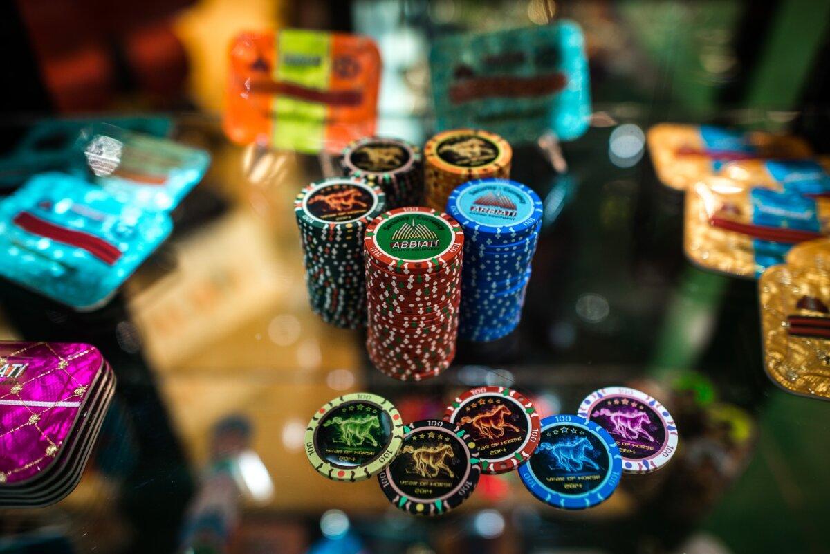 Gaming coins displayed at a booth of the Global Gaming Expo Asia in the world's biggest gambling hub of Macau on May 20, 2014. (Philippe Lopez/AFP via Getty Images)