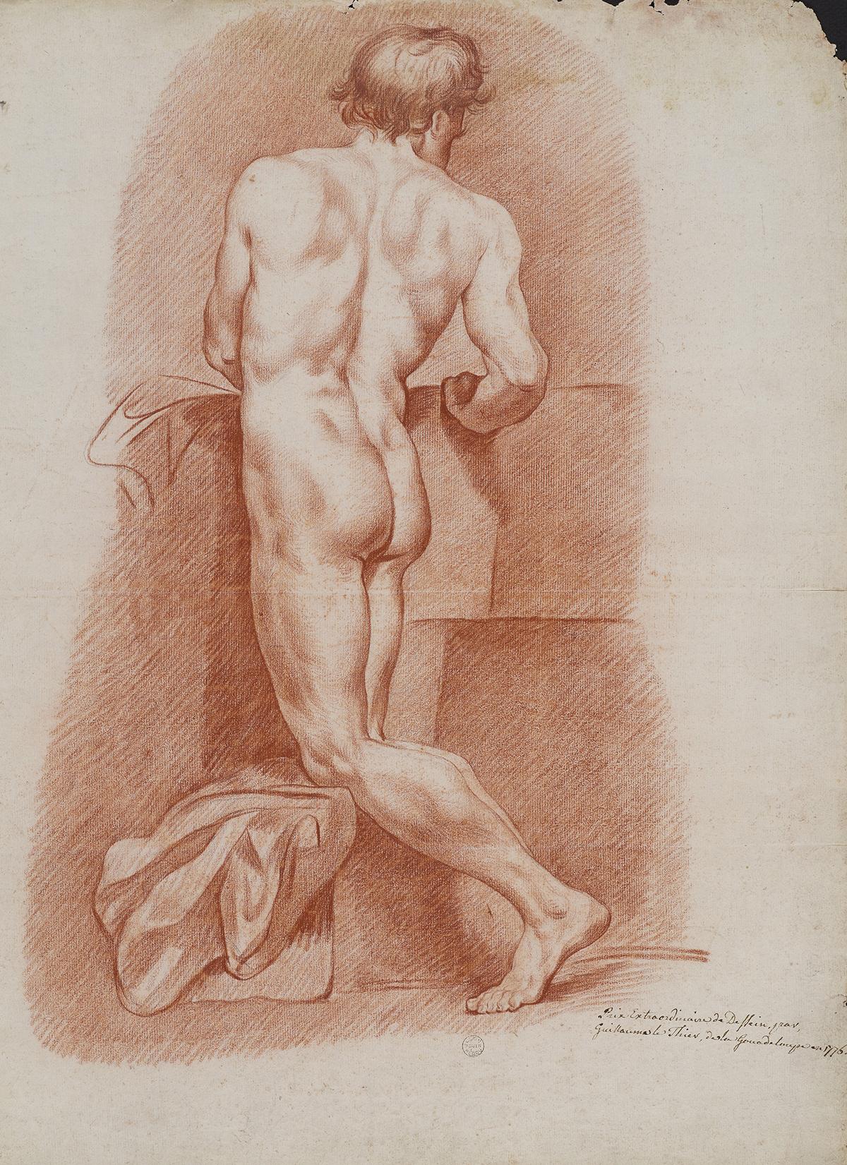 A red chalk and graphite academic study, heightened with white, 1776, by Guillaume Lethière. Bibliothèque municipale, Rouen, France. (The Clark)