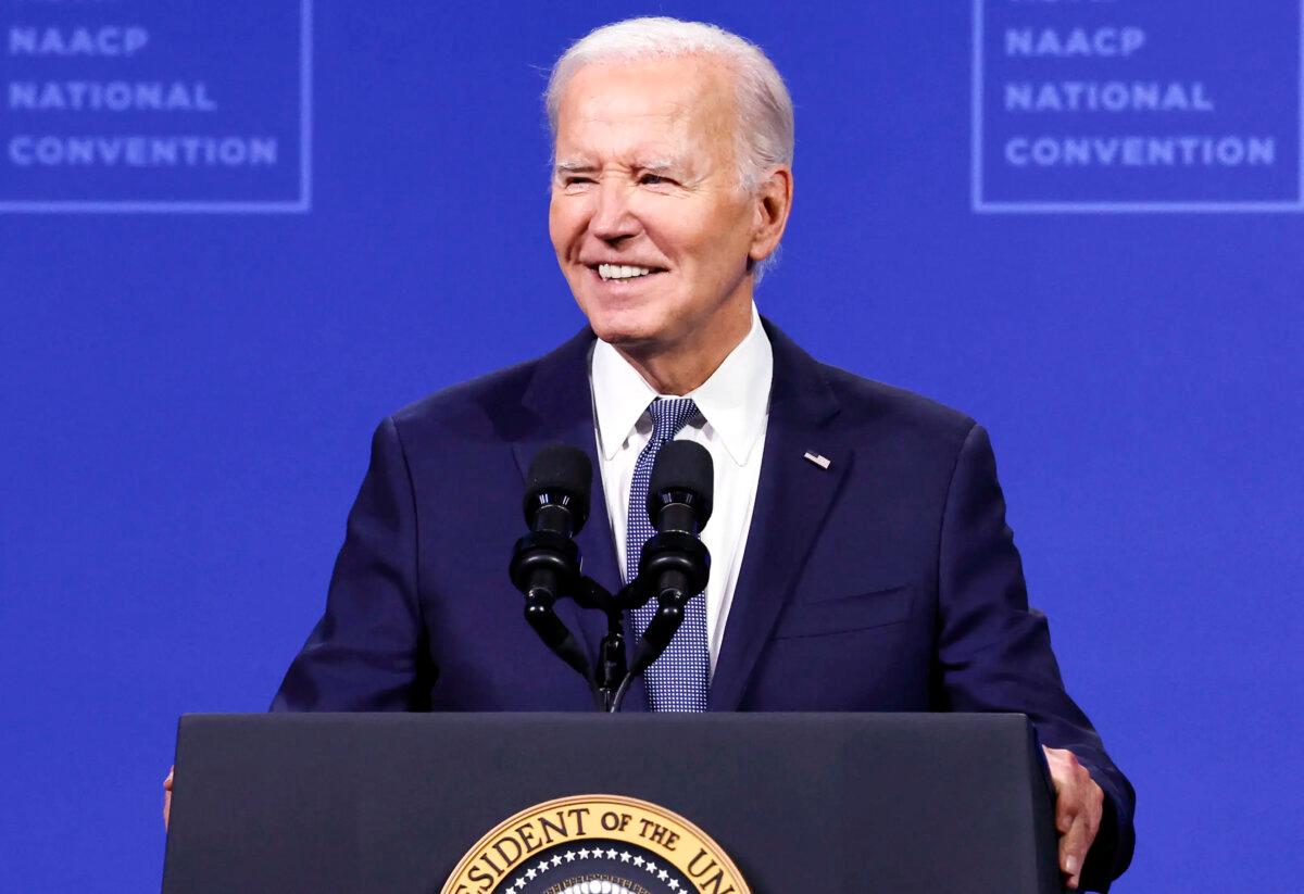 President Joe Biden speaks at the 115th NAACP National Convention at the Mandalay Bay Convention Center in Las Vegas on July 16, 2024. (Mario Tama/Getty Images)