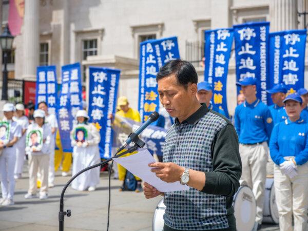 Falun Gong practitioner Tian Xin speaking at an event marking 25 years of CCP persecution at Trafalgar Square, central London, on July 20, 2024. (Yanning Qi/The Epoch Times)