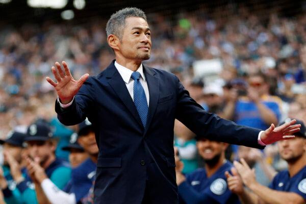 Ichiro Suzuki acknowledges fans during the Mariners' Hall of Fame ceremony before a game against the Cleveland Guardians at T-Mobile Park in Seattle on Aug. 27, 2022. (Steph Chambers/Getty Images)