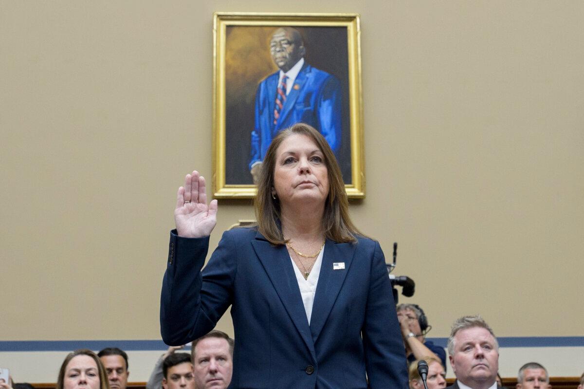 U.S. Secret Service Director Kimberly Cheatle is sworn in before the House Oversight and Accountability Committee about the attempted assassination of former President Donald Trump at a campaign event in Pennsylvania, at the Capitol on July 22, 2024. (AP Photo/Rod Lamkey, Jr.)