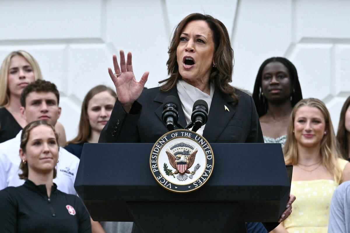 Vice President Kamala Harris speaks during an event honoring National Collegiate Athletic Association (NCAA) championship teams from the 2023-2024 season, on the South Lawn of the White House on July 22, 2024. (Brendan Smialowski/AFP via Getty Images)