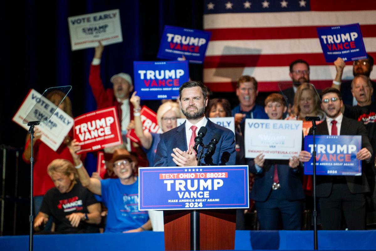 Republican vice president nominee Sen. JD Vance (R-Ohio) speaks at his first rally since nominated as vice president for former President Donald J. Trump in Middletown, Ohio, on July 22, 2024. (Madalina Vasiliu/The Epoch Times)