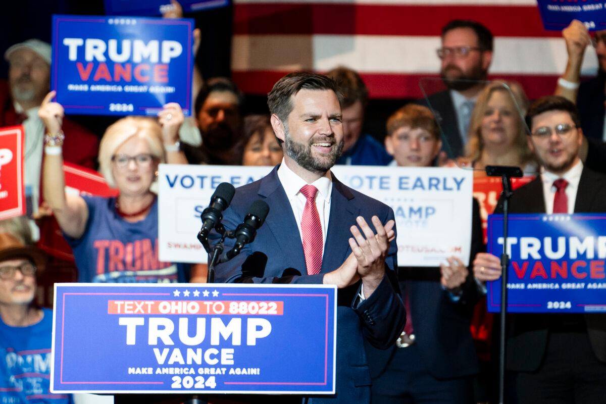 Republican vice presidential candidate Sen. JD Vance (R-Ohio) speaks at his first rally since former President Donald Trump chose him as a running mate in Middletown, Ohio, on July 22, 2024. (Madalina Vasiliu/The Epoch Times)